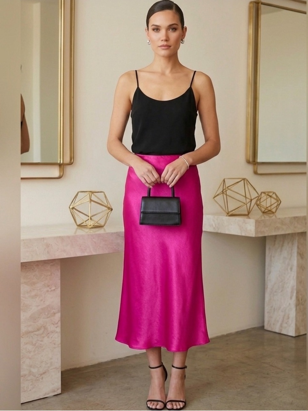 Nicole Miller Hot Pink Satin Midi Skirt | Glam Barbiecore Silk Look Small